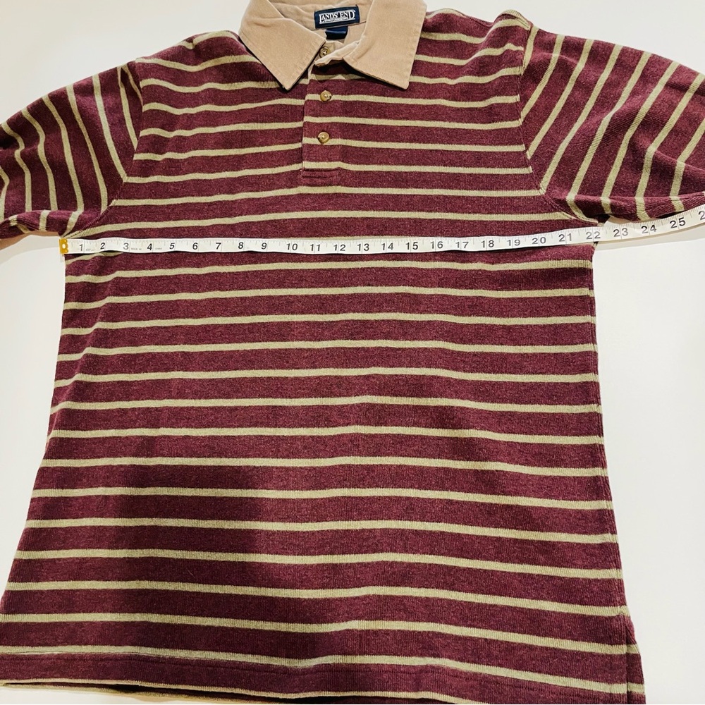 😎Vtg 90s Khaki Green Burgundy Striped Rugby Shirt Thick Cotton Grunge Lands End - Picture 10 of 15